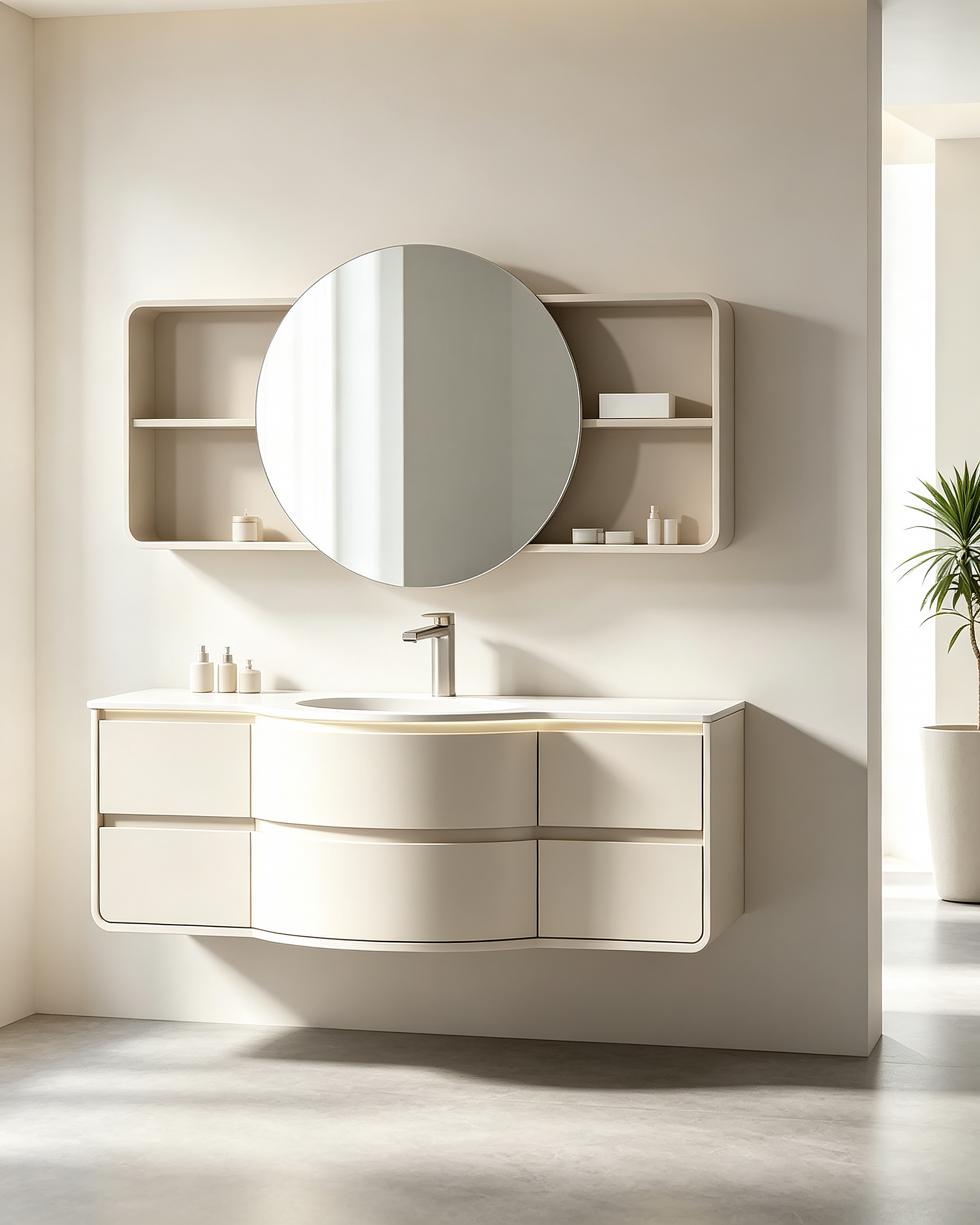 Modern Floating Bathroom Vanity Set with Cream White Curved Cabinet, Round Mirror and Open Shelves