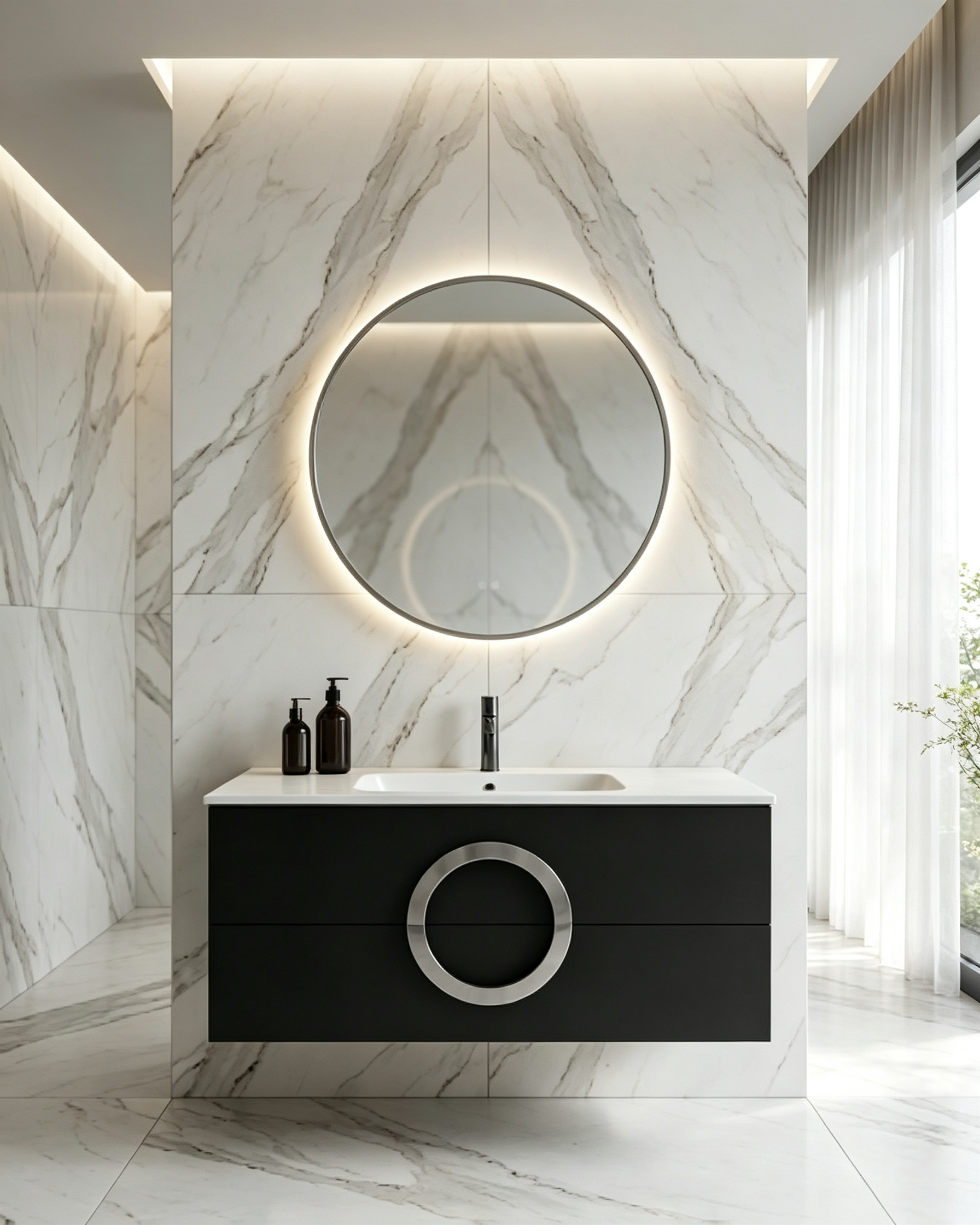 Modern Floating Bathroom Vanity Set with Black Cabinet, Round LED Mirror and Metal Handle