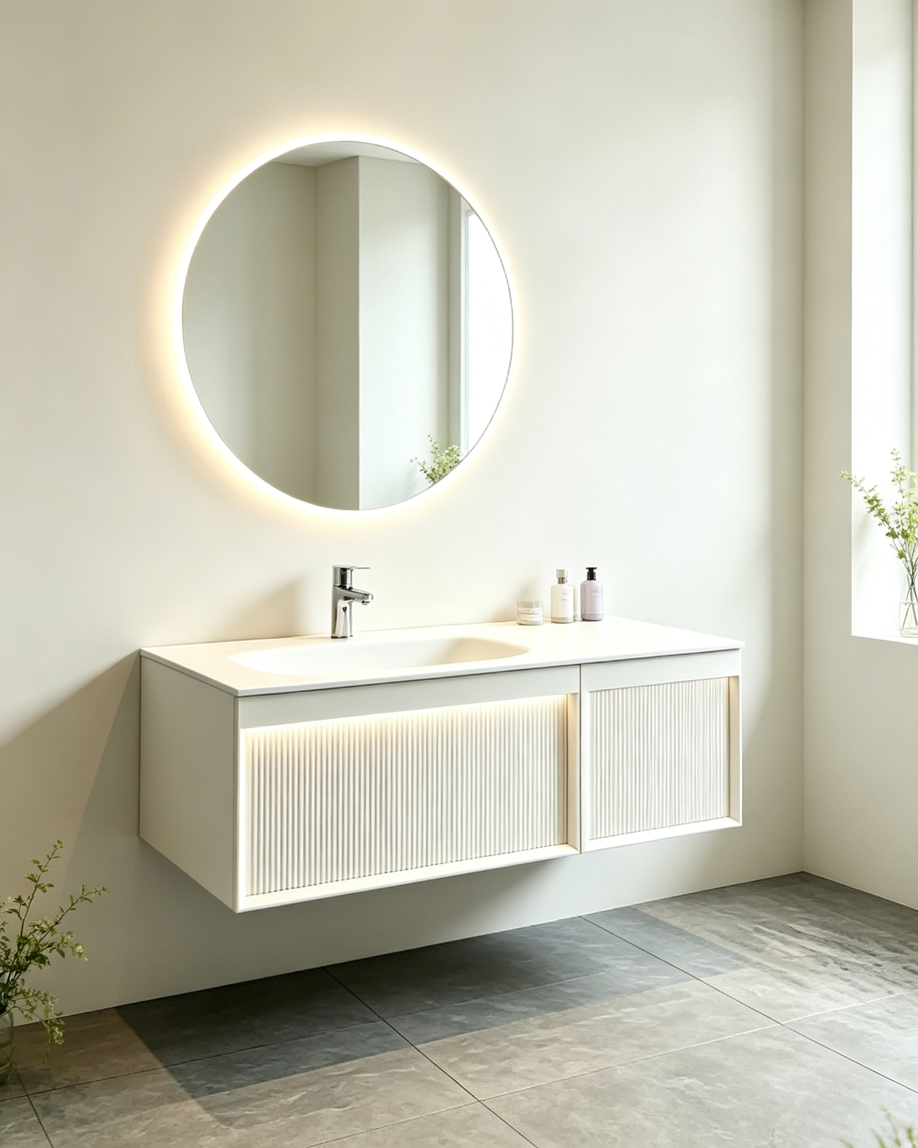 Modern Floating Bathroom Vanity Set with Ribbed Cabinet and Round LED Mirror