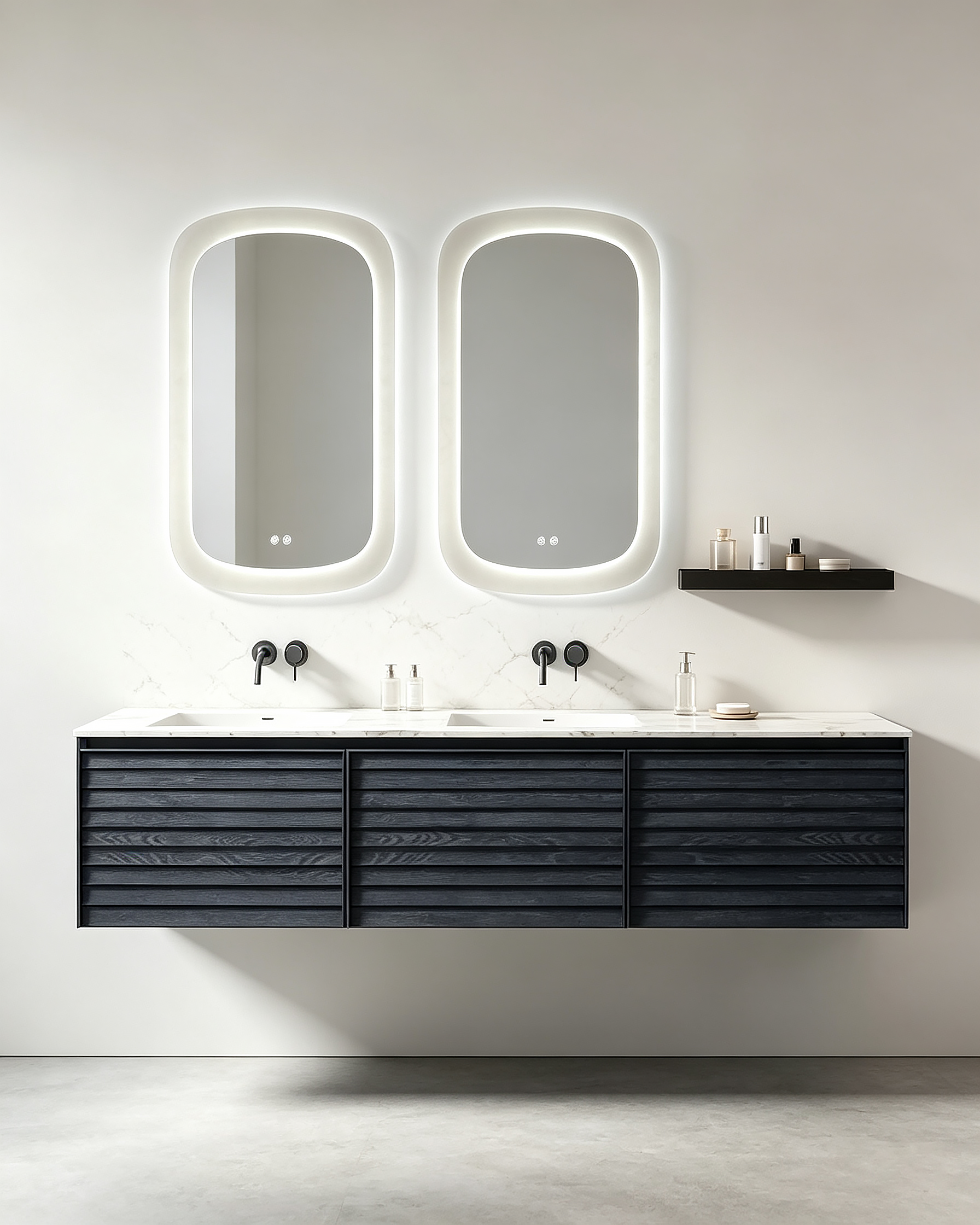 Modern Floating Double Sink Bathroom Vanity Set with Dark Gray Textured Cabinet, Marble Countertop and Dual Round LED Mirrors