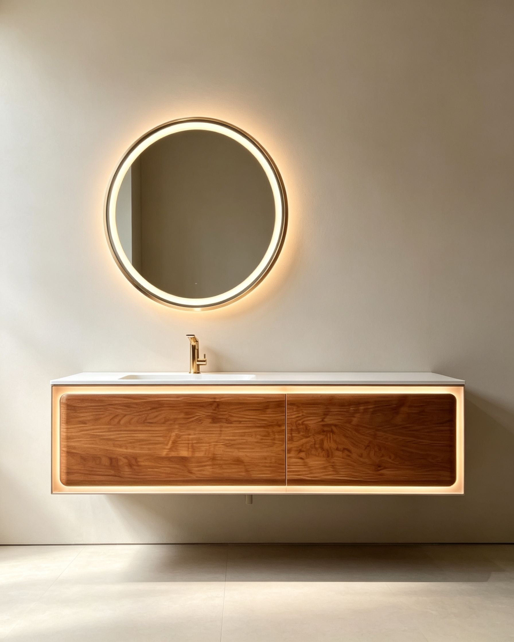 Modern Floating Bathroom Vanity Set with LED-Lit Walnut Cabinet and Round LED Mirror