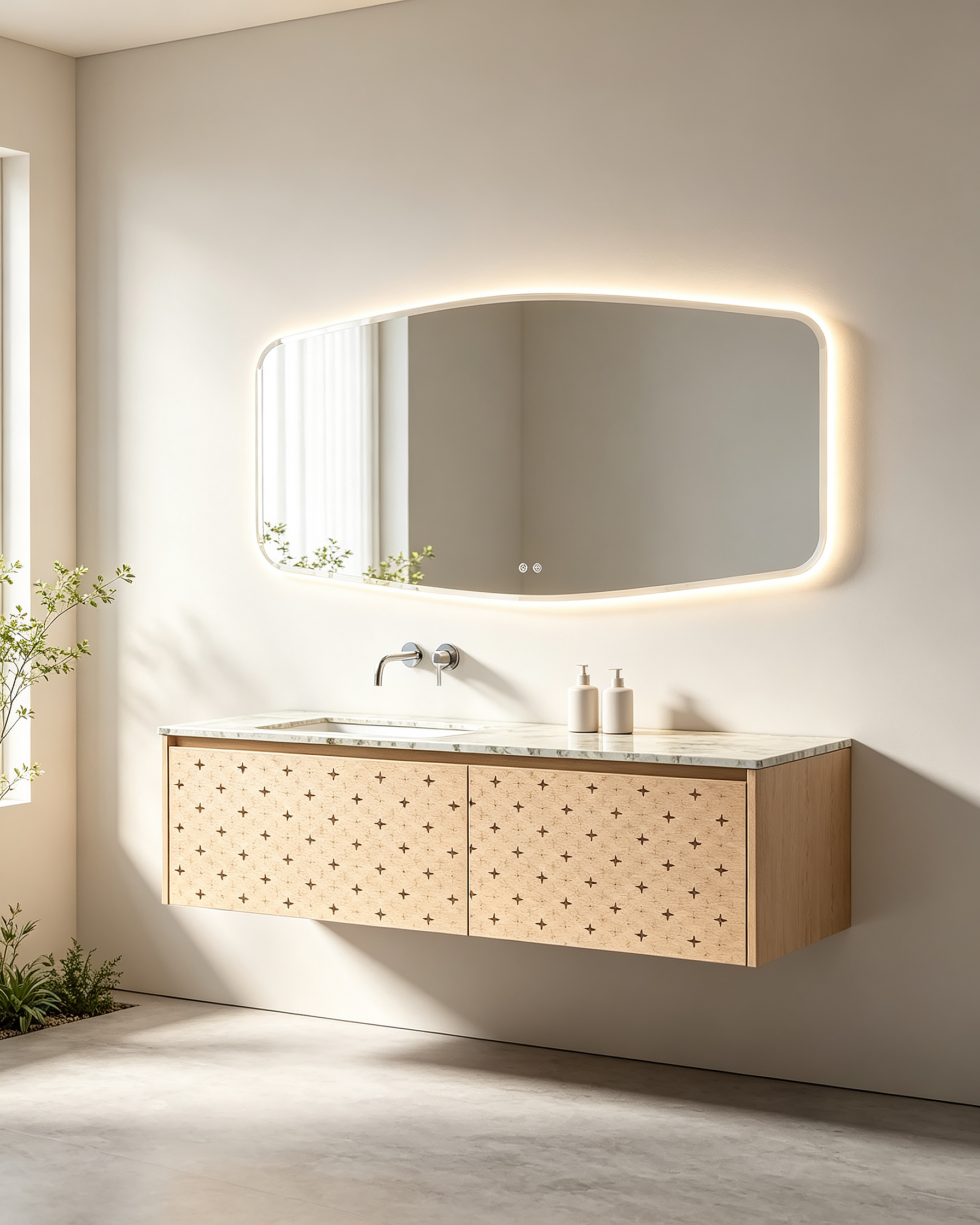 Modern Floating Bathroom Vanity Set with Light Wood Starburst Cabinet, Marble Countertop and Irregular LED Mirror