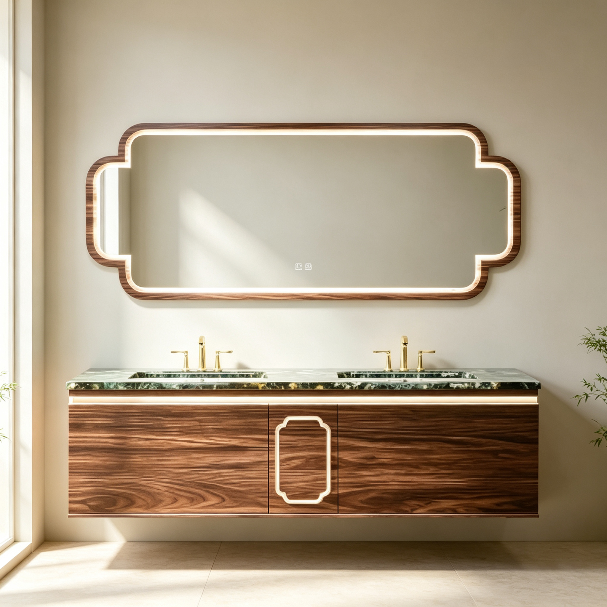 Modern Floating Double Sink Bathroom Vanity Set with Green Marble Top and Decorative LED Mirror