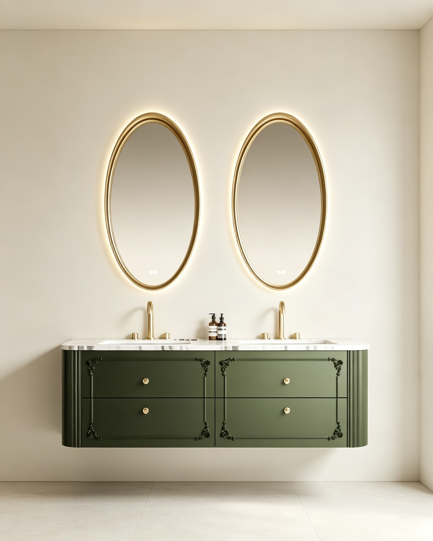 Modern Floating Double Sink Bathroom Vanity Set with Dark Green French Cabinet and Dual LED Mirrors