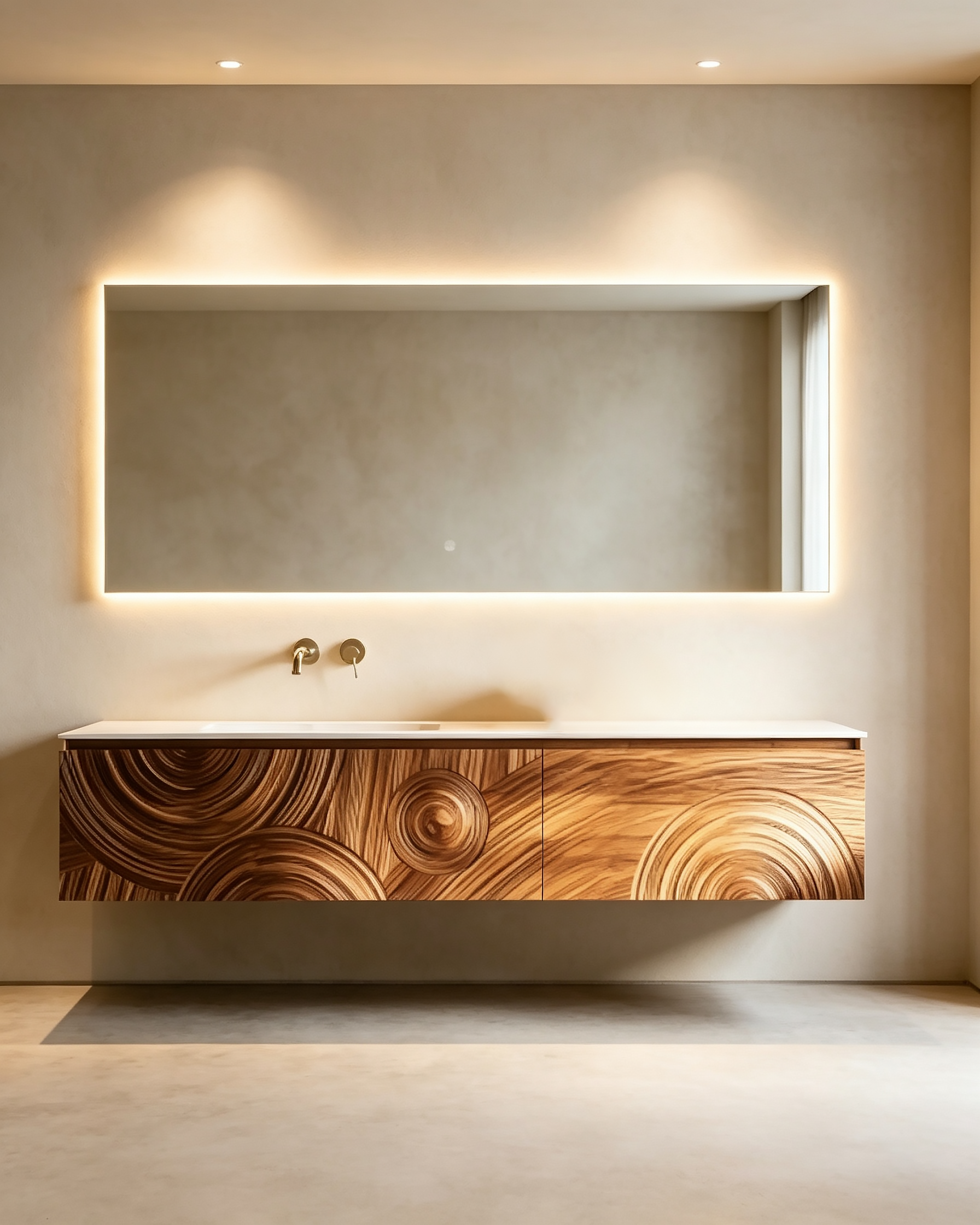 Modern Floating Bathroom Vanity Set with Artistic Wood Grain Cabinet and LED Mirror