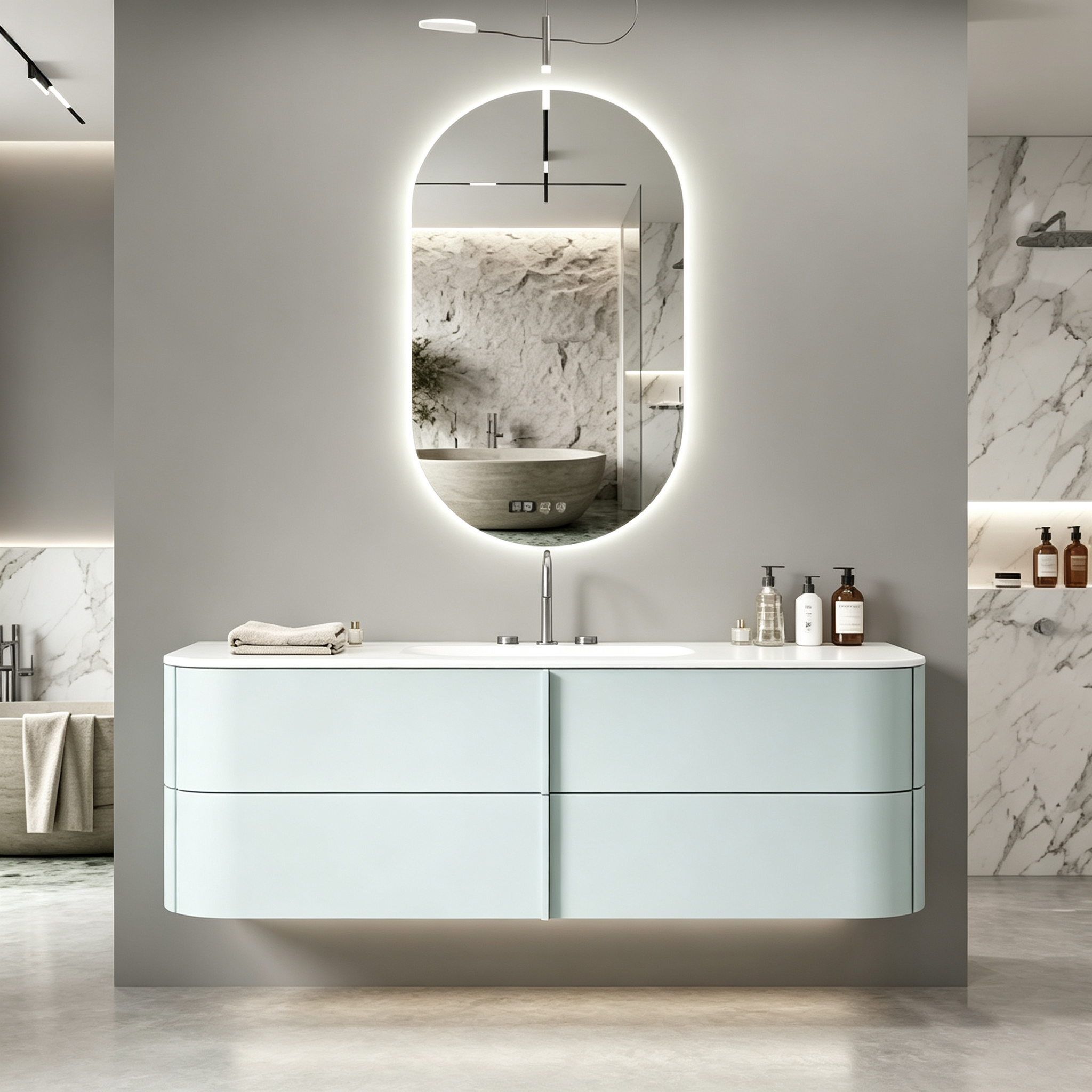 Modern Wall-Mounted Bathroom Vanity with Oval LED Mirror